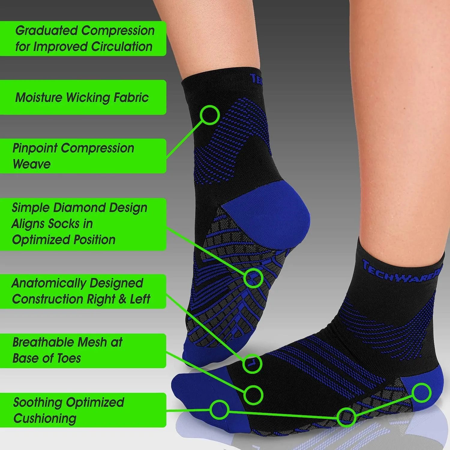 TechWare Pro Plantar Fasciitis Socks  Cushion Ankle Compression Socks Women & Men. Achilles Tendonitis Brace & Arch Support
