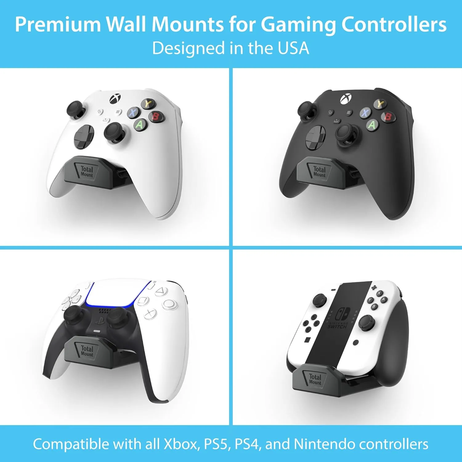 TotalMount Controller Wall Stands (4 Pack) with Non-Slip Pads & Removable Adhesive for Xbox, PS5, PS4, and Nintendo  These Premium Holders Wont Damage Your Wall with Screws or Permanent Adhesive