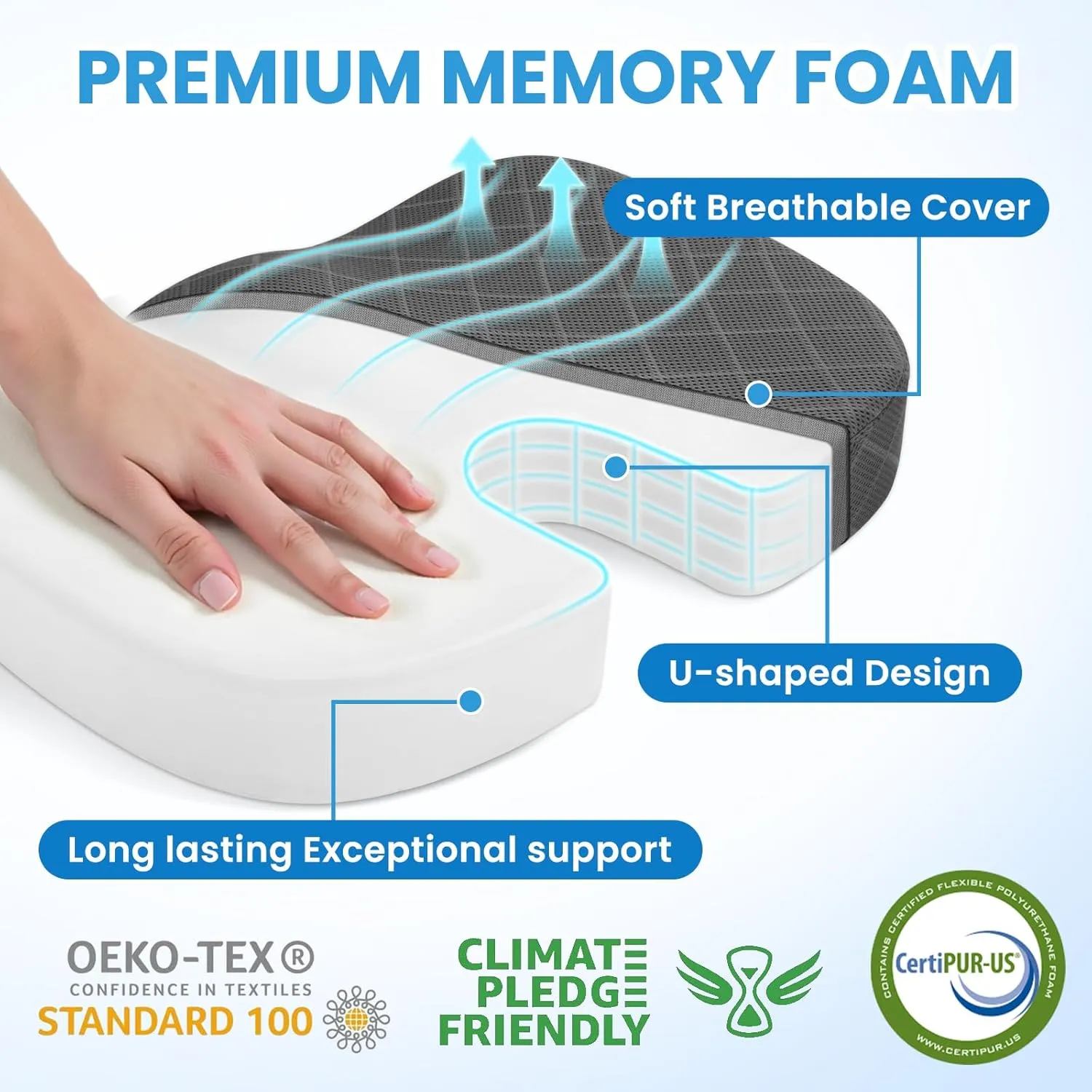 TushGuard Seat Cushion - Memory Foam Cushion for Office Chair, Car Seat, Airplane, Bleacher - Sciatica & Hip & Coccyx Pain Relief Desk Chair Cushion for Long Sitting Office Workers, Car Drivers