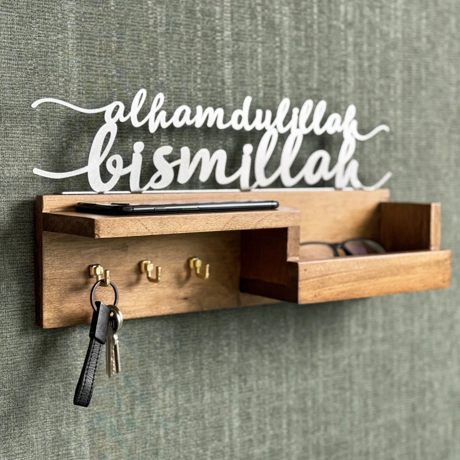Wooden Key Holder for Wall - Bismillah and Alhamdulillah Design Muslim Home Decor