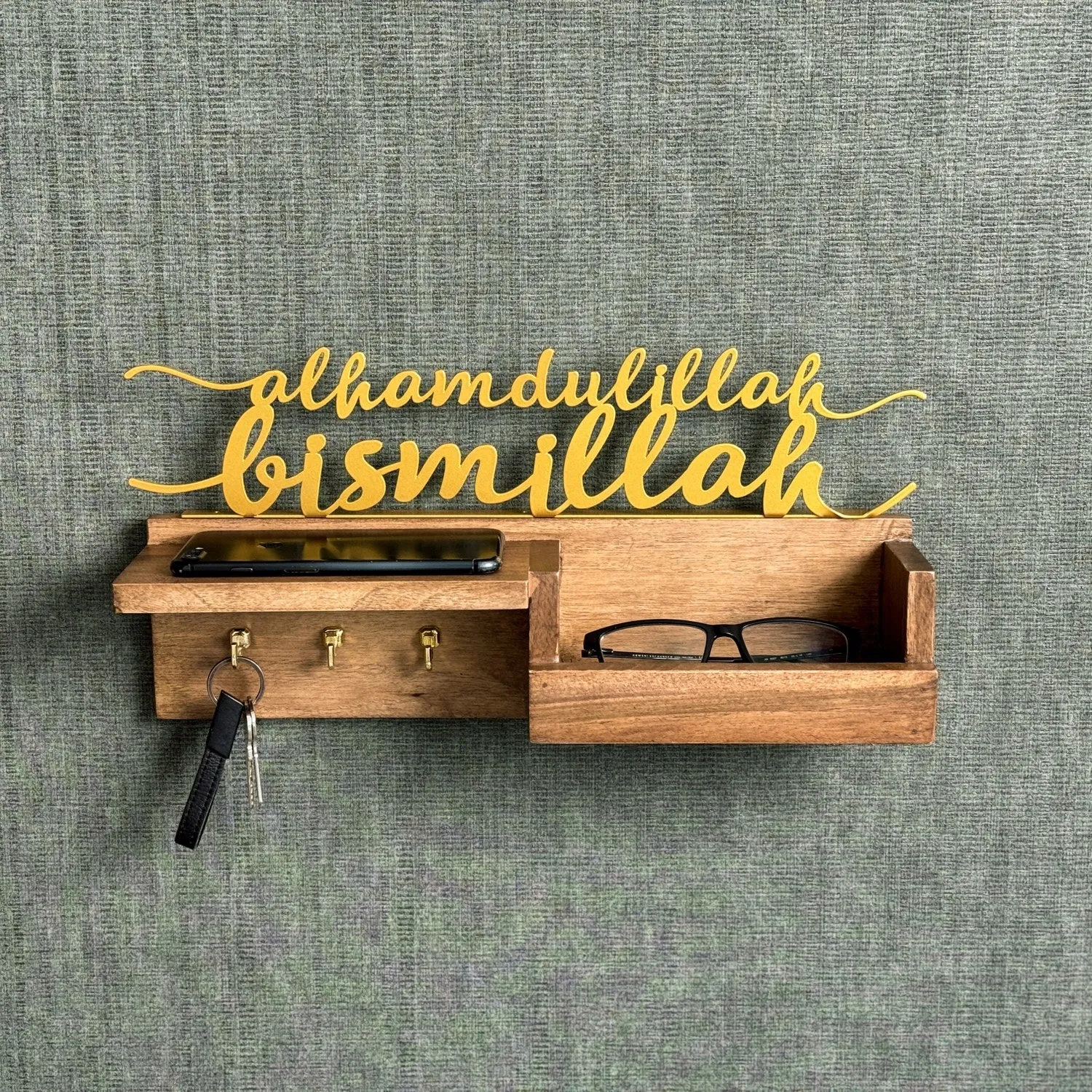 Wooden Key Holder for Wall - Bismillah and Alhamdulillah Design Muslim Home Decor
