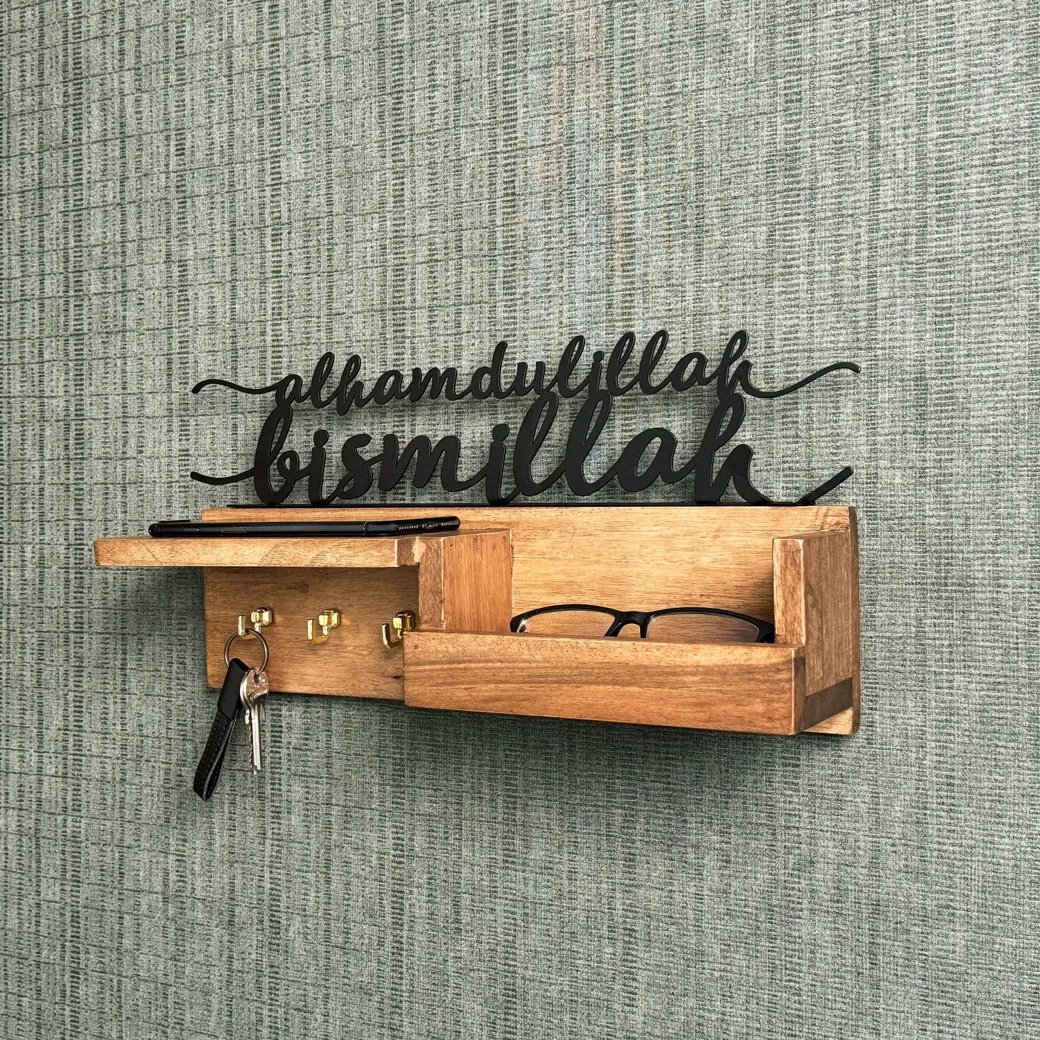 Wooden Key Holder for Wall - Bismillah and Alhamdulillah Design Muslim Home Decor