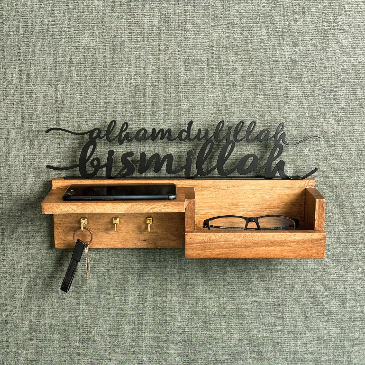 Wooden Key Holder for Wall - Bismillah and Alhamdulillah Design Muslim Home Decor