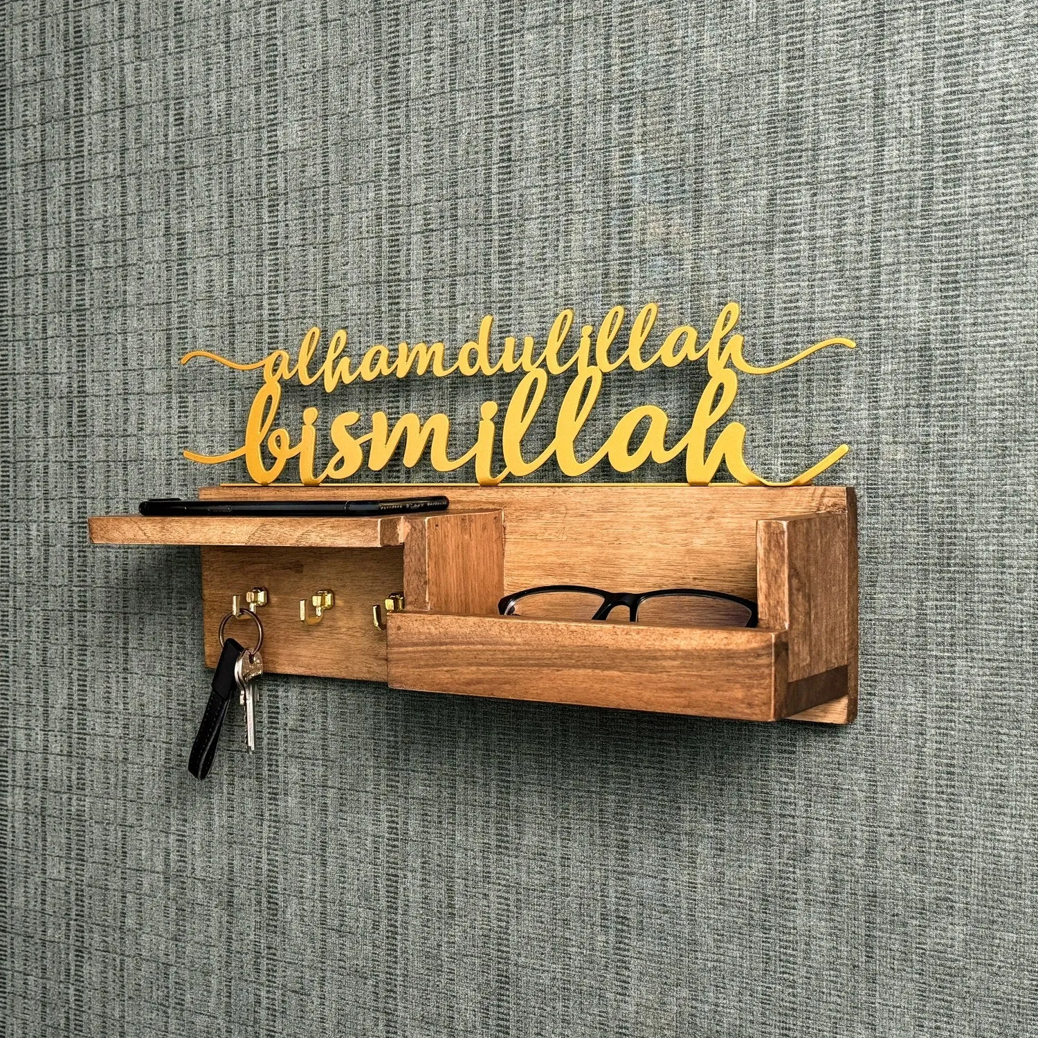 Wooden Key Holder for Wall - Bismillah and Alhamdulillah Design Muslim Home Decor