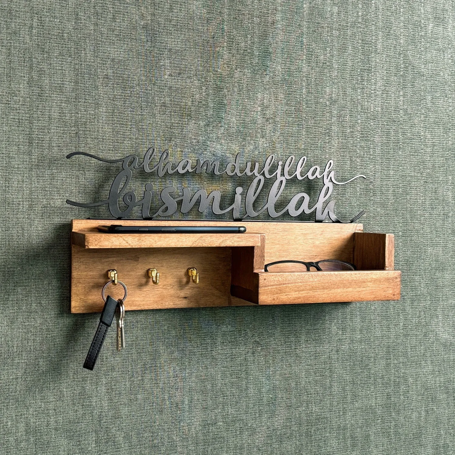 Wooden Key Holder for Wall - Bismillah and Alhamdulillah Design Muslim Home Decor