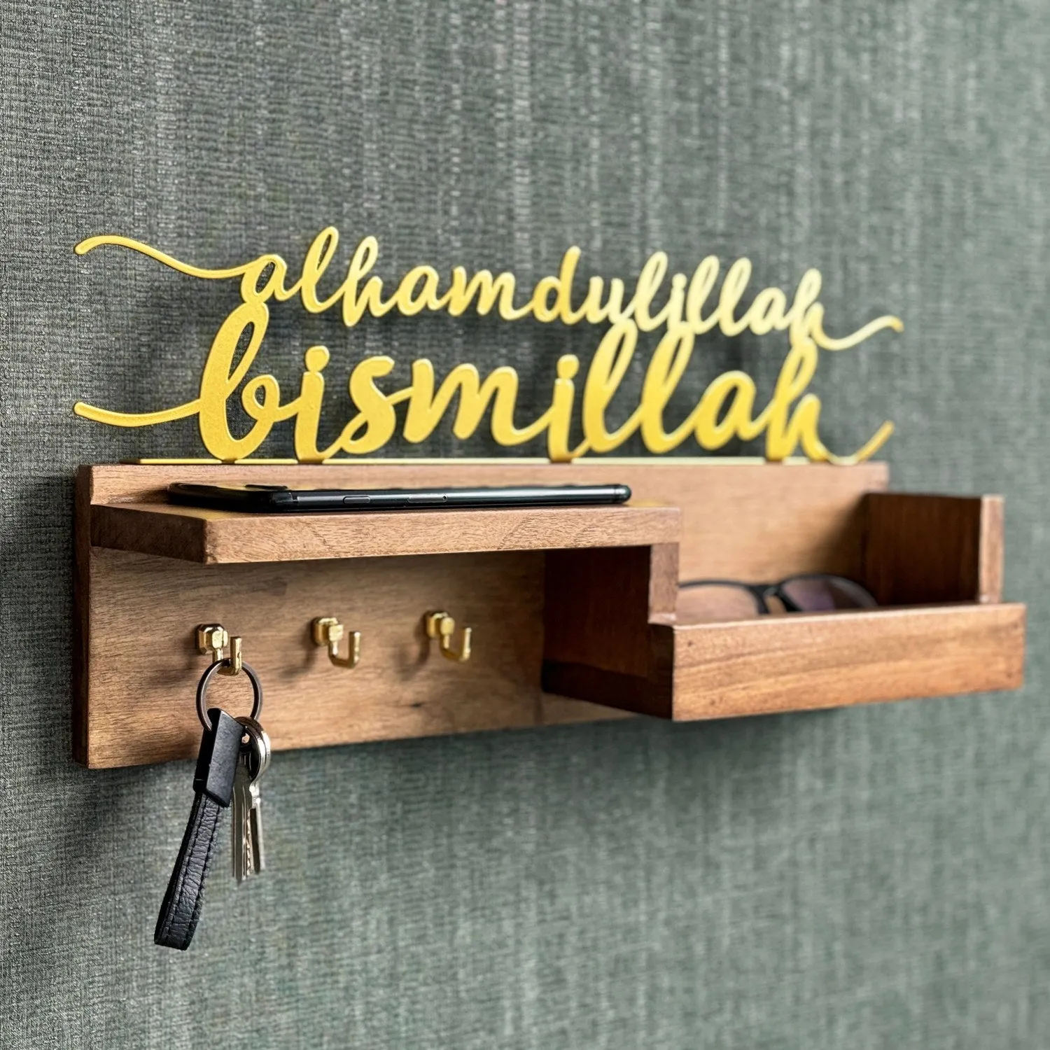 Wooden Key Holder for Wall - Bismillah and Alhamdulillah Design Muslim Home Decor