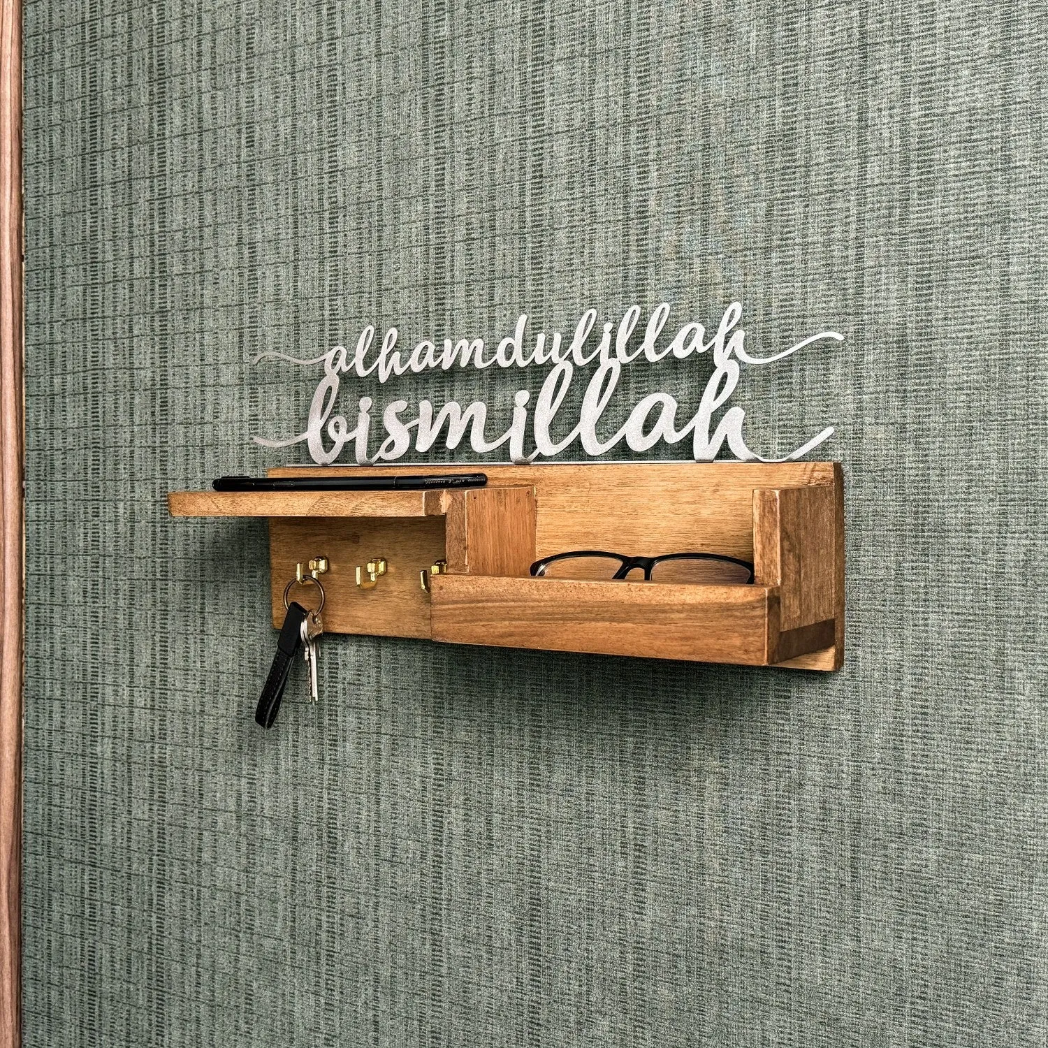 Wooden Key Holder for Wall - Bismillah and Alhamdulillah Design Muslim Home Decor