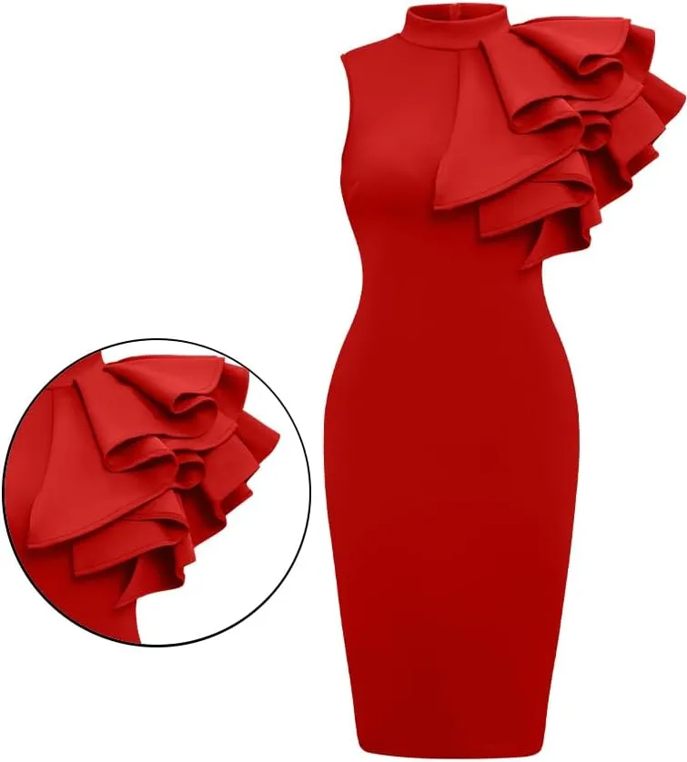 XXTAXN Women's Cocktail Bodycon Ruffle Sleeveless Formal Midi Pencil Dress