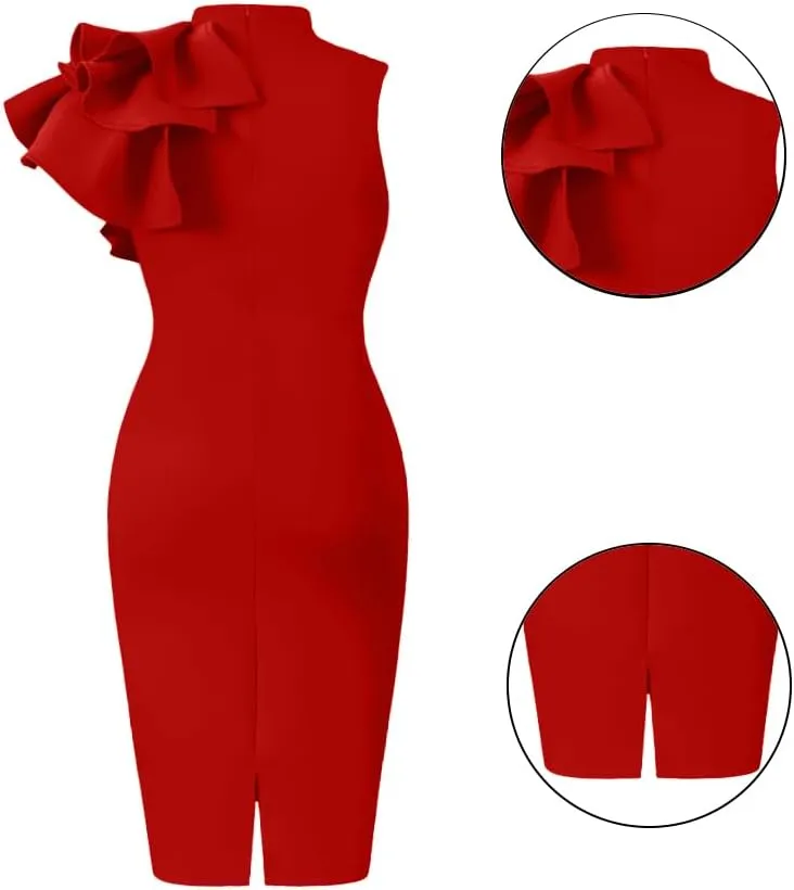XXTAXN Women's Cocktail Bodycon Ruffle Sleeveless Formal Midi Pencil Dress